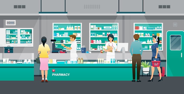 Male and female pharmacists selling drugs to the public.