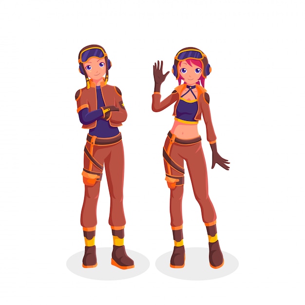 Male and Female Pilot Character in Cartoon Style