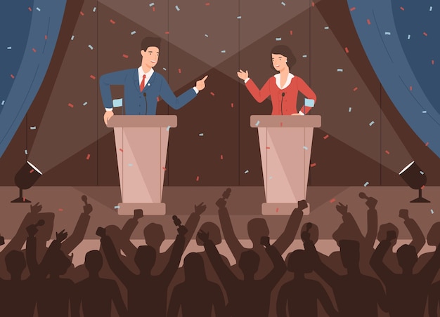 Vector male and female politicians taking part in political debates in front of audience