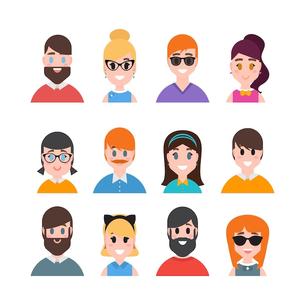 Male and female portraits People avatars collection Simple flat cartoon style Men women characters