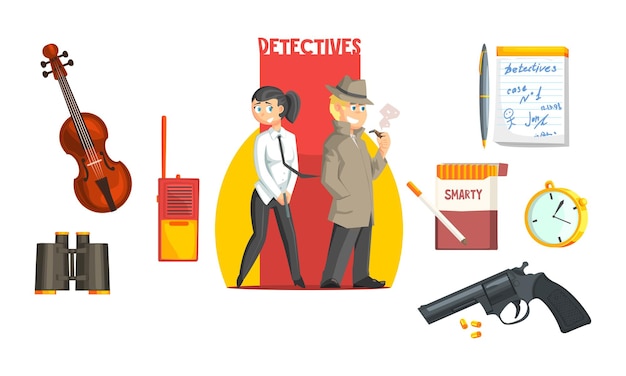 Vector male and female private detective with tools set gun bullets radio violin binoculars vector illustration