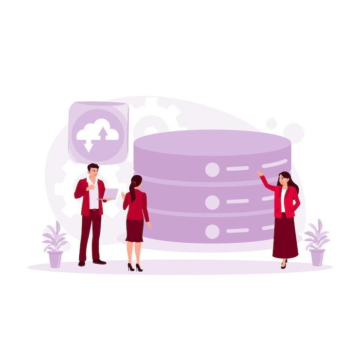 Vector male and female programmers discuss work software development database architecture database concept