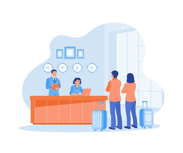 Vector male and female receptionists are standing at the work desk serve visitors in a friendly manner hotel receptionist concept flat vector illustration