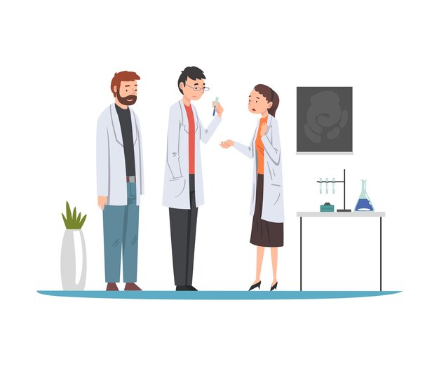 Vector male and female scientists in lab coats doing research experiments and analysis in scientific lab vector illustration