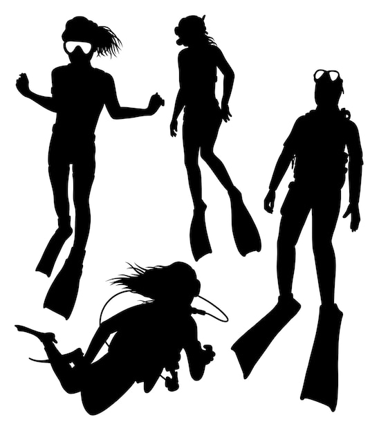 Vector male and female snorkeling diving and swimming sport silhouette