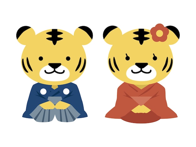 Vector male and female tigers sitting upright in kimono