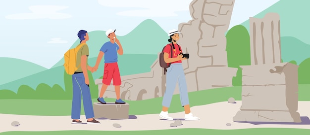 Vector male and female tourist characters visit sightseeing, make pictures of antique ruins on photo camera. foreign journey, travel agency service, people on traveling excursion. cartoon vector illustration