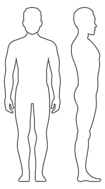 Vettore silhouette della figura maschile icona della linea umana con vista frontale e laterale isolata su sfondo bianco