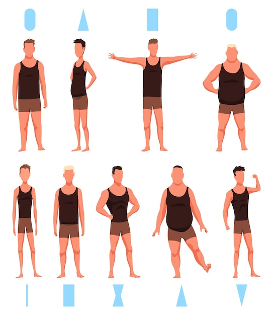 Vector male figures types icon set various body front view human anatomy man standing shapes vector illustration in cartoon style