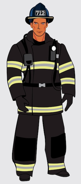 Male firefighter in dark uniform Fulllength figure