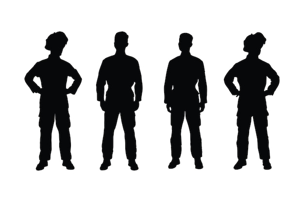 Male fireman silhouette on a white background Firefighter Boys silhouette collection Male firemen and emergency workers with anonymous faces Men firefighters wearing uniforms and standing