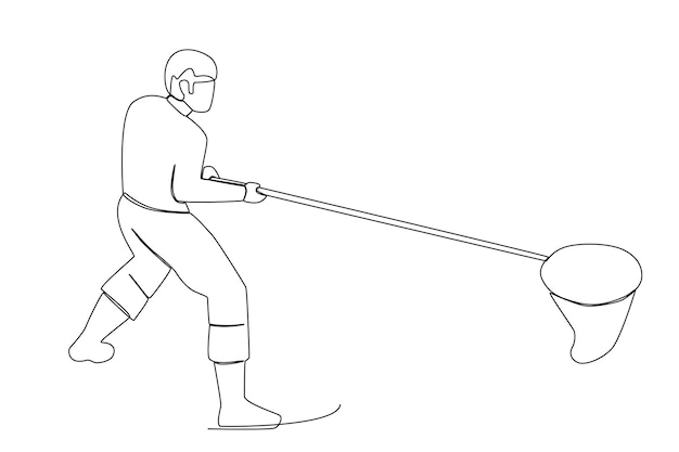 호수 한 라인 아트에서 물고기를 잡는 부츠와 남성 어부