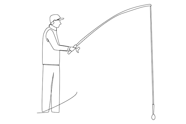 호수 한 라인 아트에 서있는 동안 물고기를 낚시하는 모자와 남성 어부