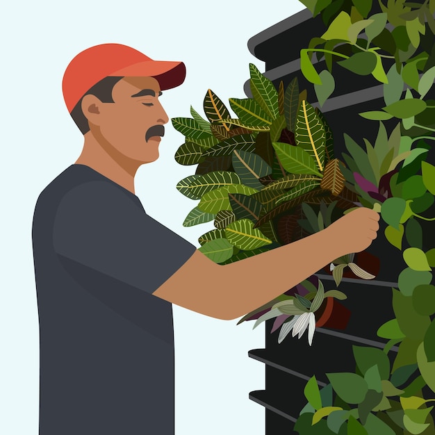 A male florist arranges various plants and flowers on a shelf in a flower shop