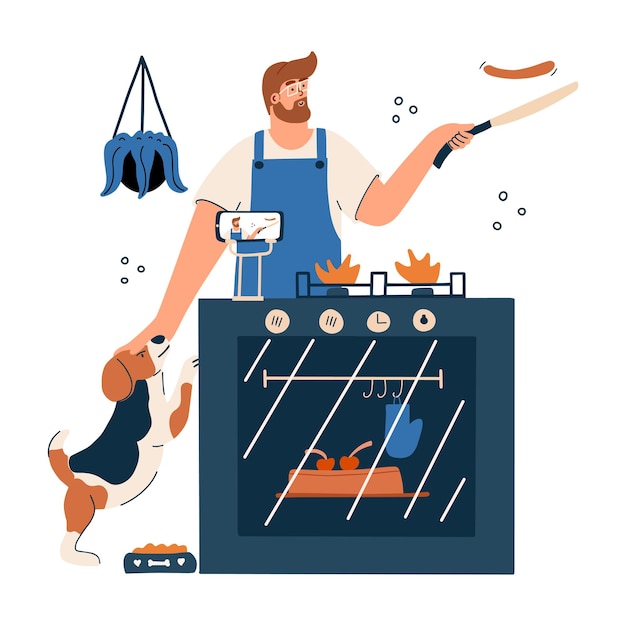 Un food blogger maschio filma il suo telefono mentre prepara il cibo. un uomo con un cane ai fornelli. illustrazione disegnata a mano di vettore in stile piano