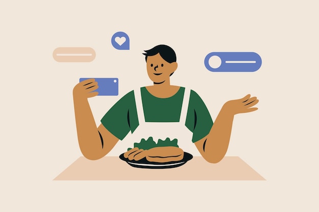 Vector male food blogger vector illustration