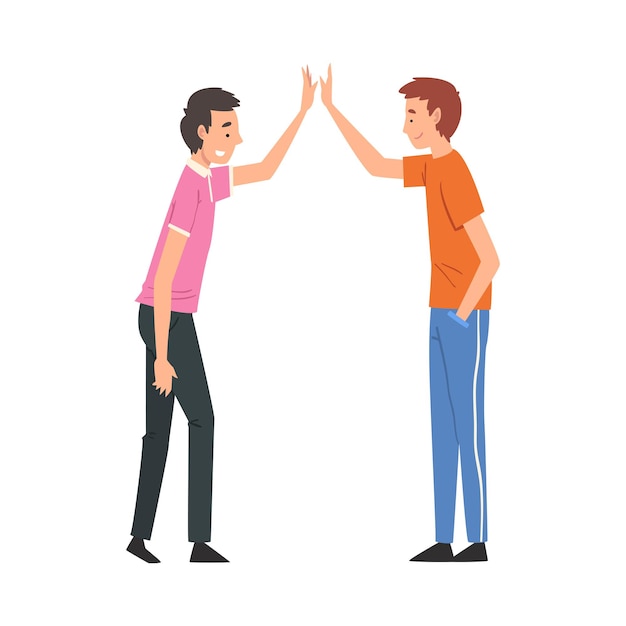 Male Friends Giving High Five to Each Other Meeting of Two People Greeting of Partners Vector Illustration