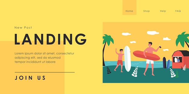 Male friends with surf boards and beverages on beach. Boys in shorts enjoying summer vacation flat vector illustration. Extreme sport, surfing concept for banner, website design or landing web page