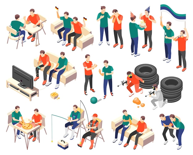 Male friendship set of 3d icons with men spending time together isolated vector illustration