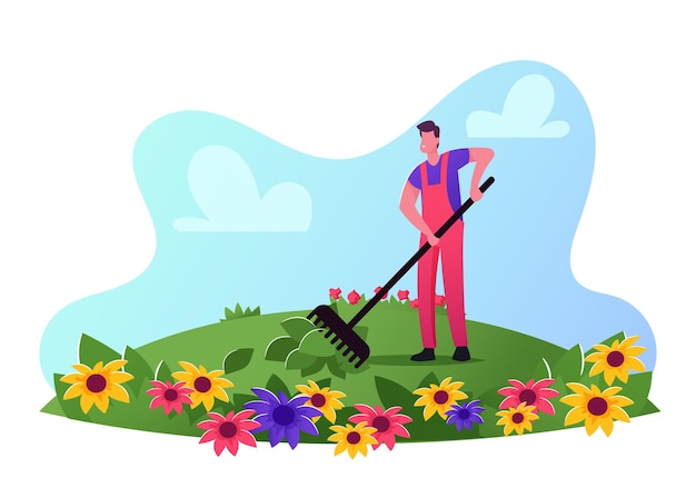 Male Gardener Character Wearing Working Overalls Care of Flowers on Field Raking Ground