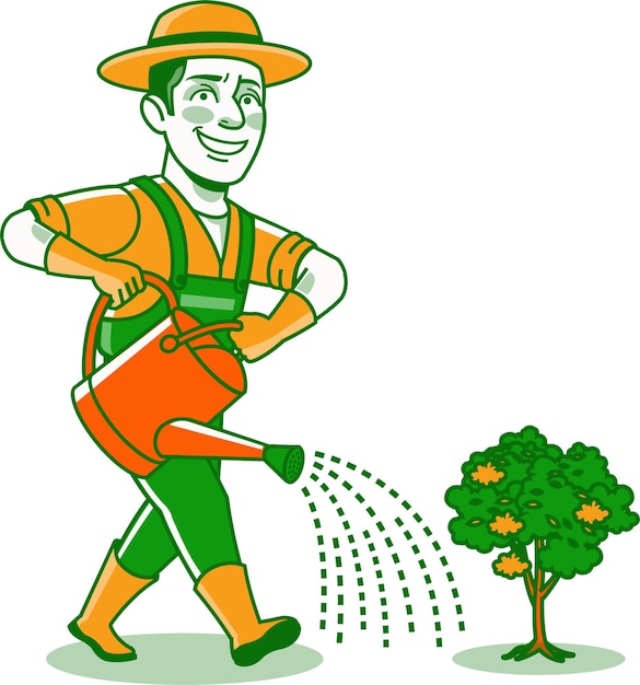 Vector male gardener farmer cartoon character icon watering plants