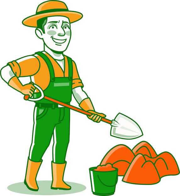 Vector male gardener work with shovel and bucket character icon illustration
