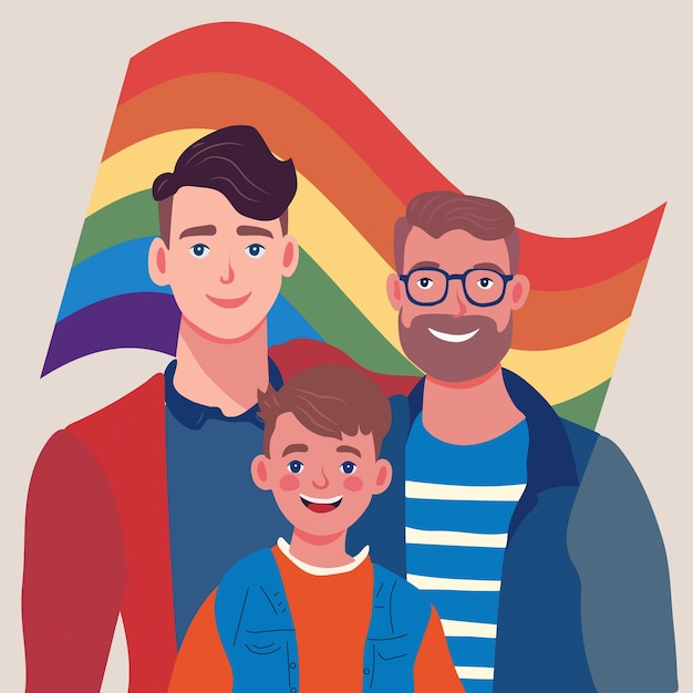 Vettore coppia gay maschile che adotta il bambino due felici giovani uomini e bambini illustrazione vettoriale piatta famiglia lgbt