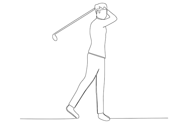 A male golf player swinging a golf stick side view one line art