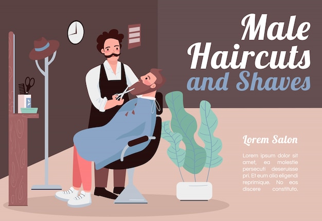 Male haircuts and shaves banner   template. brochure, poster concept  with cartoon characters. man hairstylist cut and trim beard horizontal flyer, leaflet with place for text