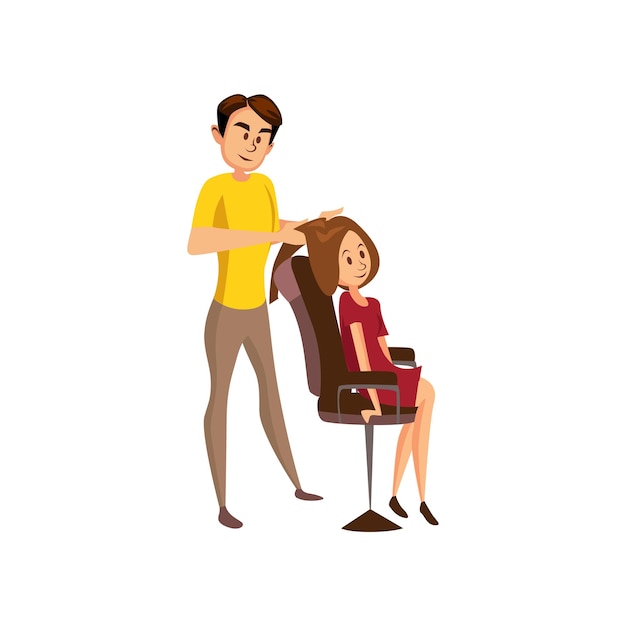 Male hairdresser making hairstyle to young woman professional hair stylist at workplace cartoon vector illustration on a white background