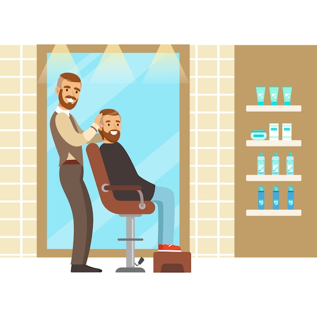 Vector male hairdresser serving client. hair salon or barbershop interior.