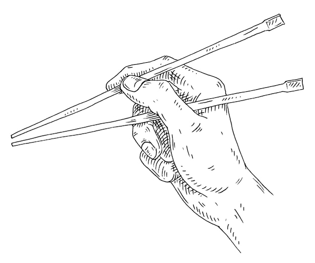 젓가락을 들고 남성 손입니다. 빈티지 해칭