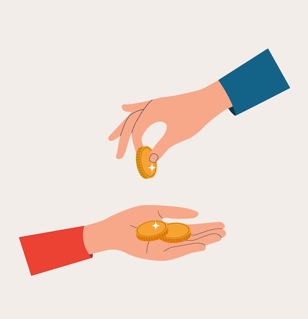 Male hand holding coin Man gives coins to a woman Flat style cartoon vector illustration