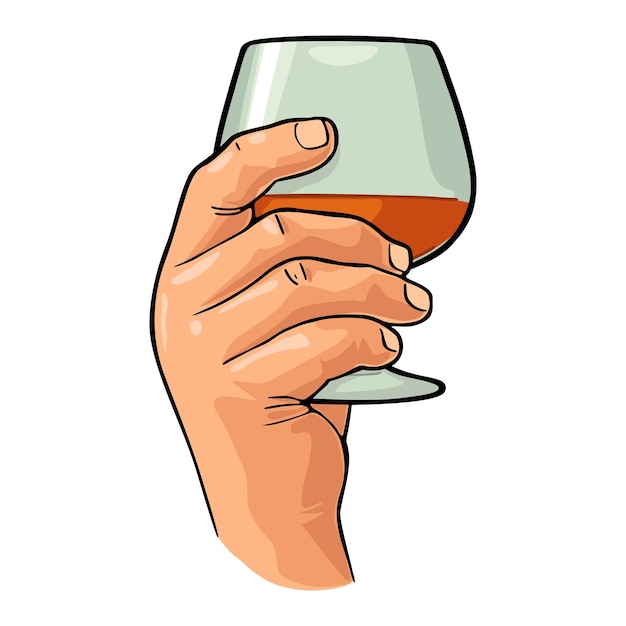 Male hand holding glass brandy Color vector illustration