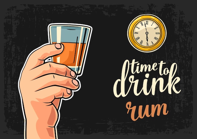 Vettore mano maschile che tiene in mano un bicchiere di rum antico orologio da tasca vector flat illustration time to drink lettering