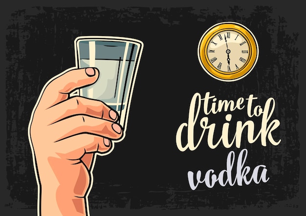 Vodka di vetro della tenuta della mano maschio e orologio da tasca antico illustrazione piana di vettore time to drink