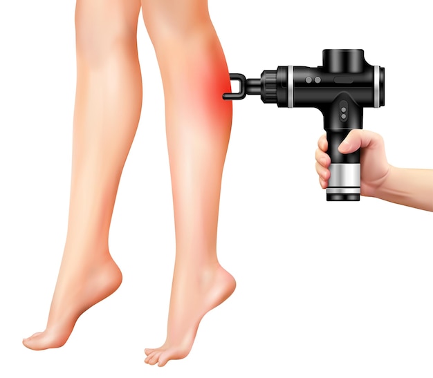 Vector male hand holding percussion massage gun relaxing calf muscles of young woman legs realistic vector illustration