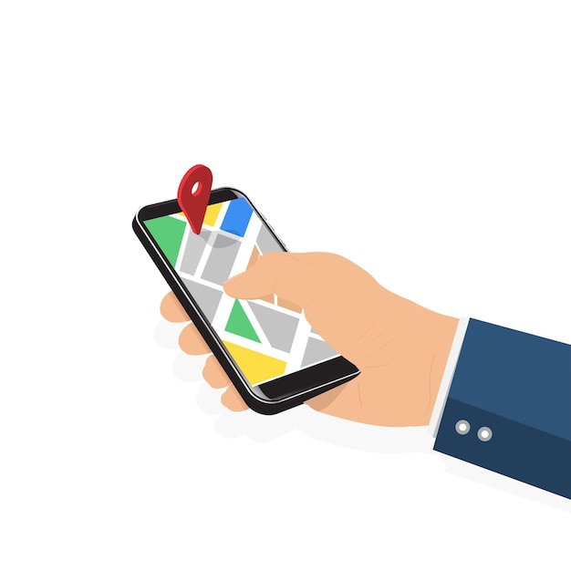 地図とポインターと電話を持っている男性の手。モバイルGPSナビゲーションと追跡の概念。ウェブサイト、バナーのフラットベクトルイラスト。タッチスクリーンスマートフォンの位置追跡アプリ