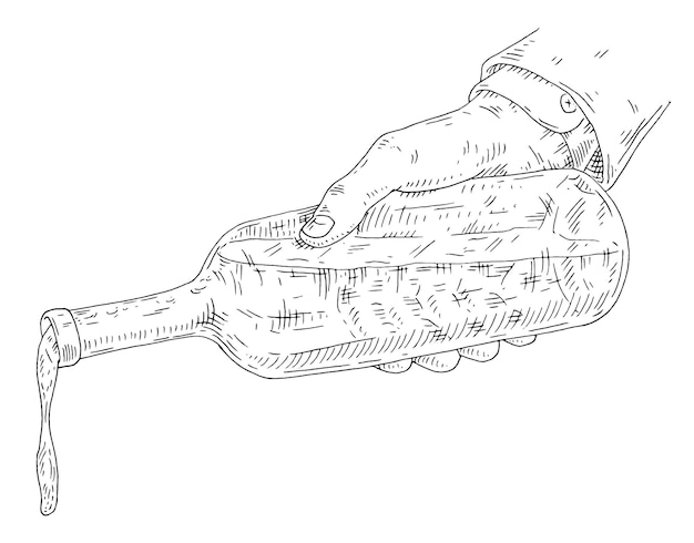 남성 손은 병에서 유리에 와인을 붓습니다. 흰색 배경에 고립. 빈티지 벡터 흑백 검은 조각 그림입니다. 손으로 그린 디자인 요소