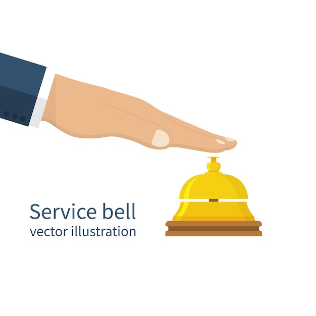 Male hand pressing service bell. Service bell, flat design style. Vector illustration. Customer at reception presses the call button. Bell hotel.