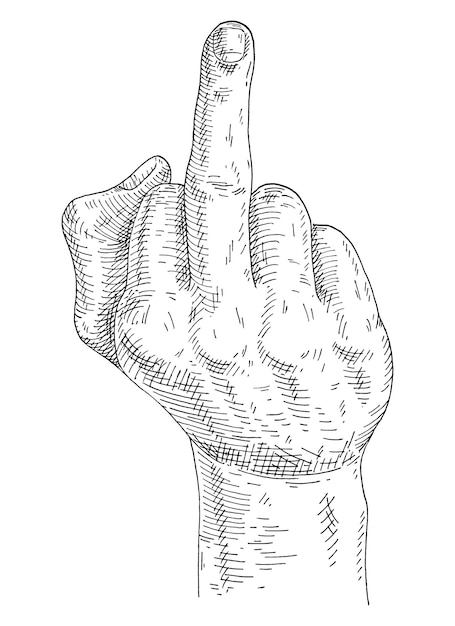 Male hand showing middle finger. sign fuck you. vector vintage engraving illustration. isolated on white background. hand drawn design for web, poster, t-shirt