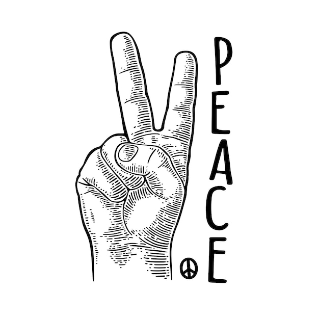 Male hand showing two fingers peace lettering vector black vintage engraving