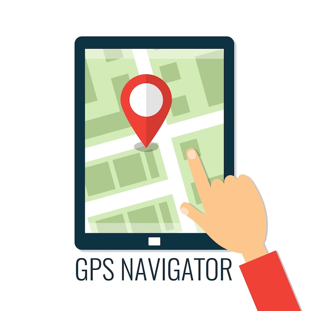 Вектор Мужская рука касается экрана цифрового планшета концепция gps-навигации