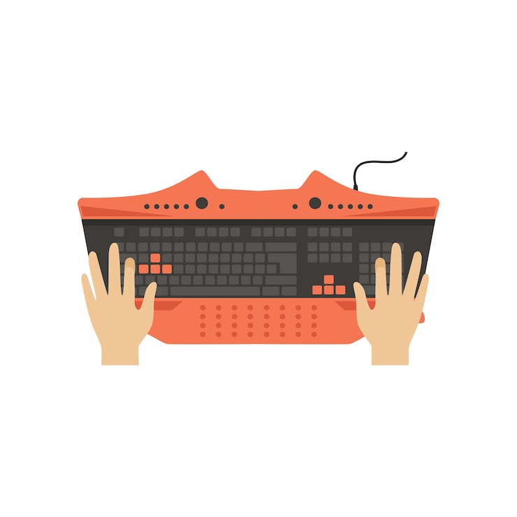 Vector male hands on computer keyboard top view vector illustration on a white background