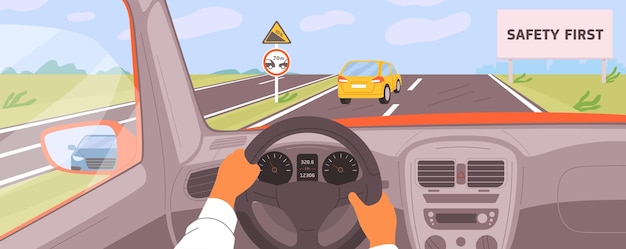 Vettore mani maschili che guidano l'auto che si muove sull'illustrazione di vettore dell'autostrada. autista che guida su strada all'interno dell'automobile. la sicurezza prima di tutto cartellone, mantieni le distanze e alzati. visualizzazione del pannello del veicolo durante il viaggio in auto.