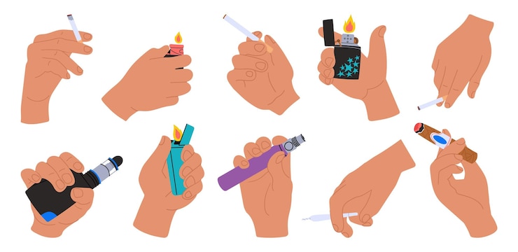 Vector male hands hold cigarettes and lighters vapes ecigarettes burning lighter with fire flame in human hand cigar smoking people decent vector set of lighter gas in hand illustration