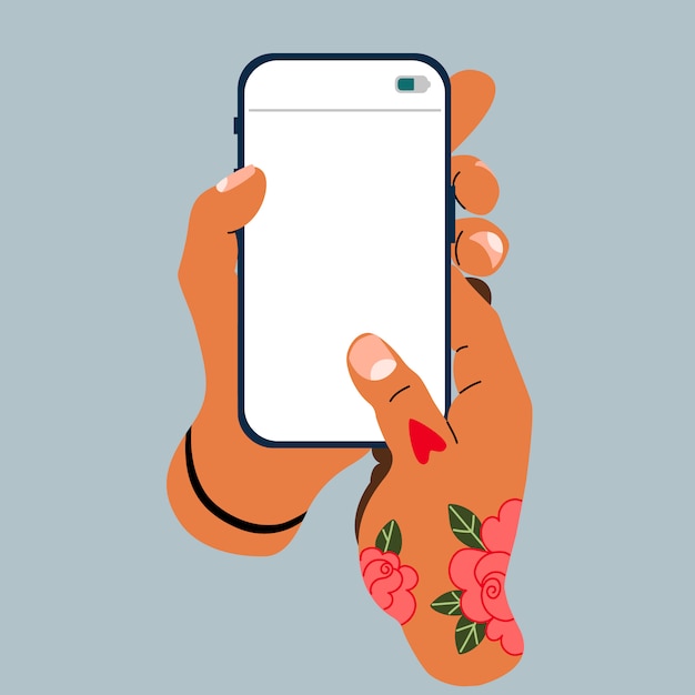 Mani maschili che tengono il telefono. illustrazione isolata schermo del telefono vuoto. mano con smartphone con tatuaggio. illustrazione moderna per il web, design di app. infografica alla moda illustrazione piatta.