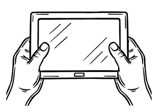 Male hands holding a tablet Outline contour