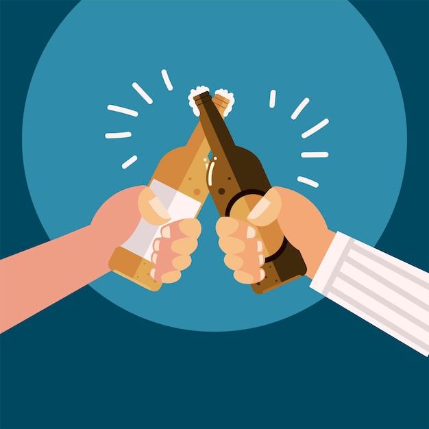 Vector male hands with beer bottles alcohol celebration, cheers  illustration