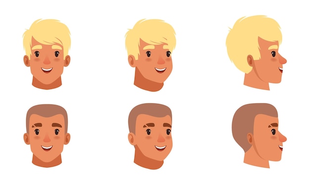 Male Heads Set Smiling Caucasian Young Men Characters Frontal Profile Three Quarter Turn View Cartoon Style Vector Illustration